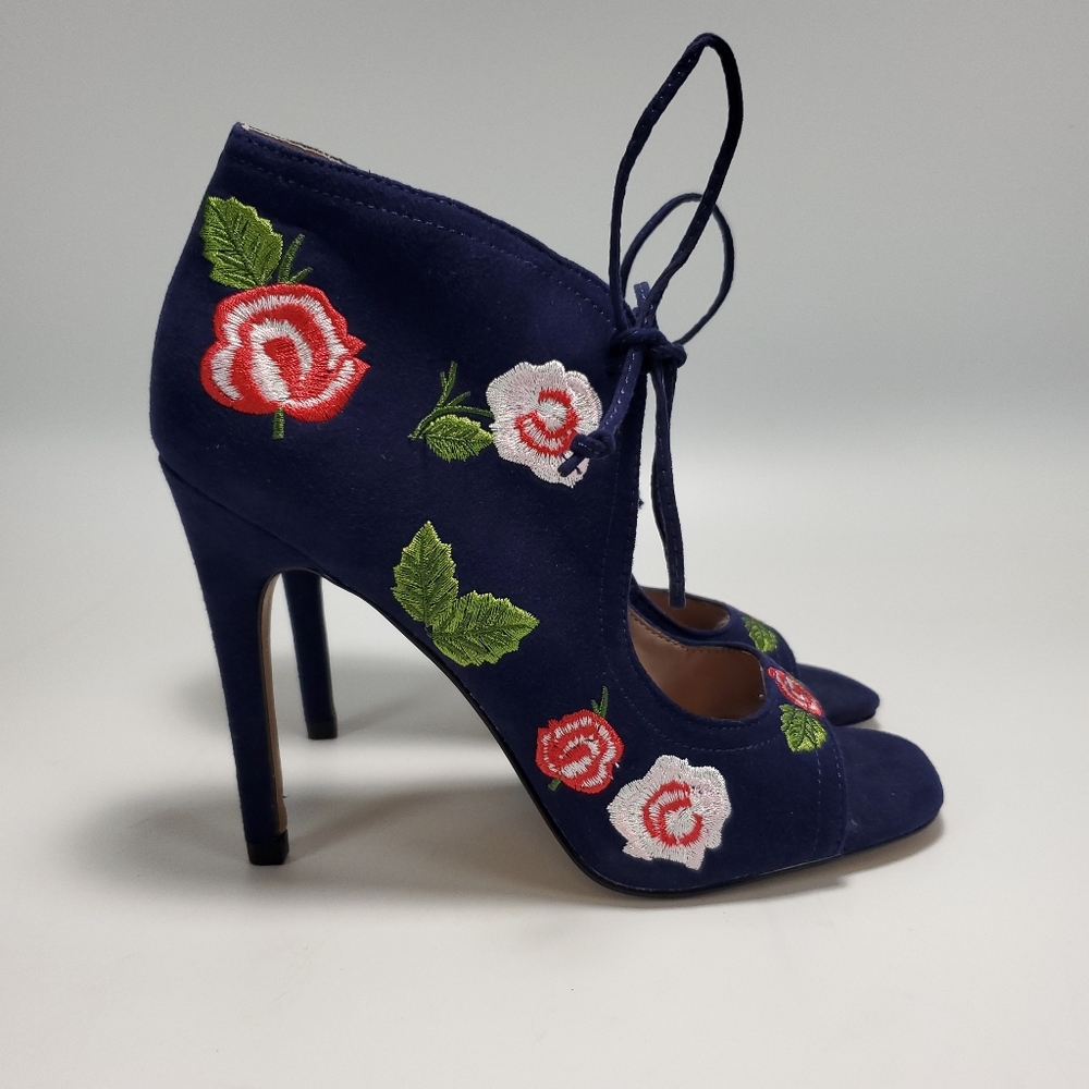 Betsey Johnson Caroline Navy Embroidered Floral Open Toe Pumps